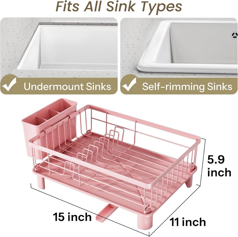 SNTD Dish Drying Rack - Small Dish Rack for Kitchen Counter, Stainless Steel Dish Drainer with Utensil Holder and Drainboard, 11" W x 15" L (Pink) - Image 2
